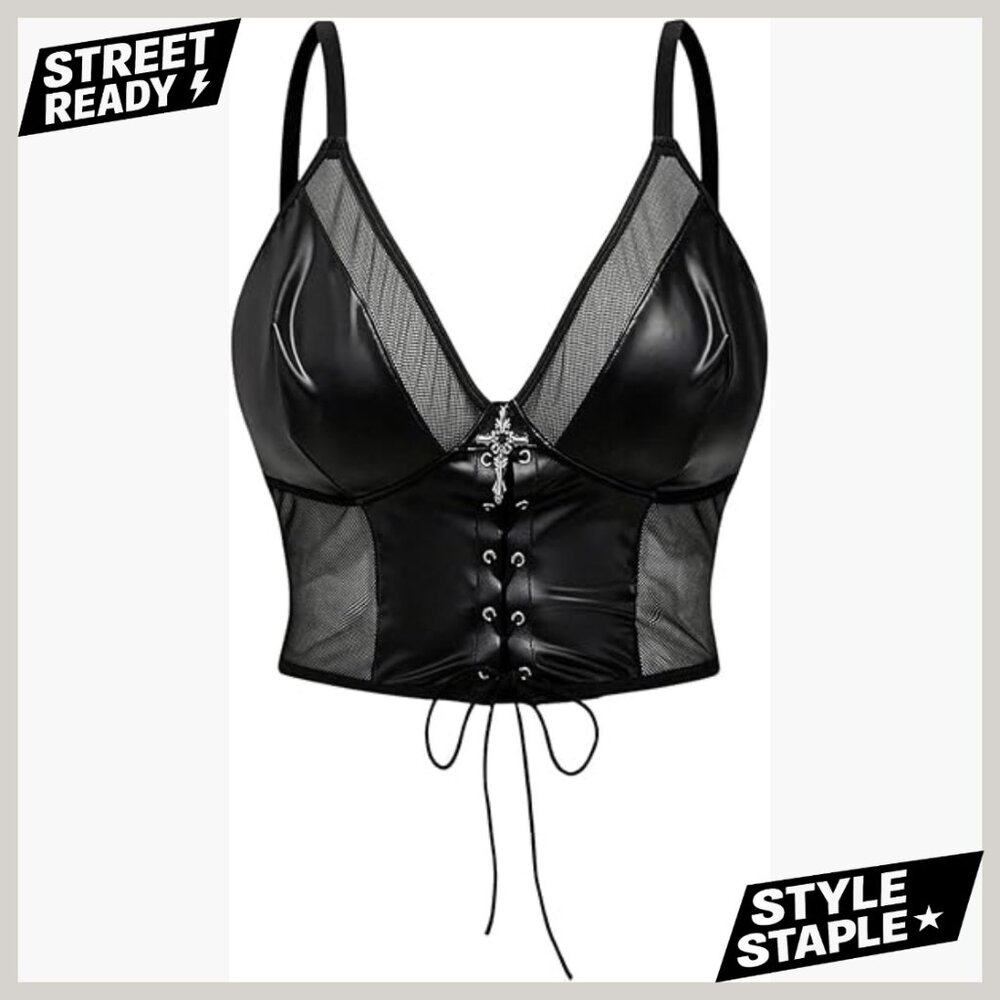 Plus Size PU Leather Lace Up Mesh Corset Bustier Crop Top Cami